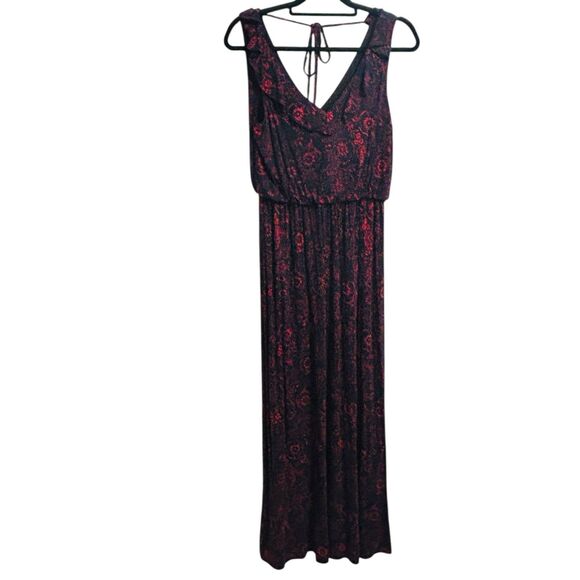 Ann Taylor Loft Ruffle Neck Dress Sz MP Navy Red Floral Tie Back Slit V-Neck - Picture 4 of 9